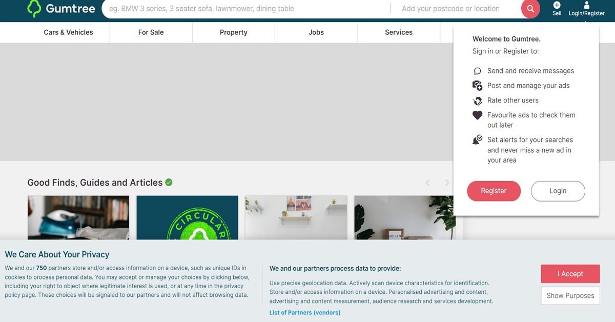 Página de inicio de Gumtree