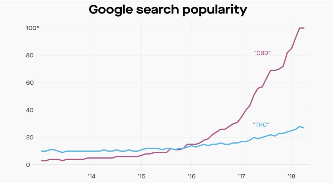 Popularidad de búsqueda en Google para THC vs CBD