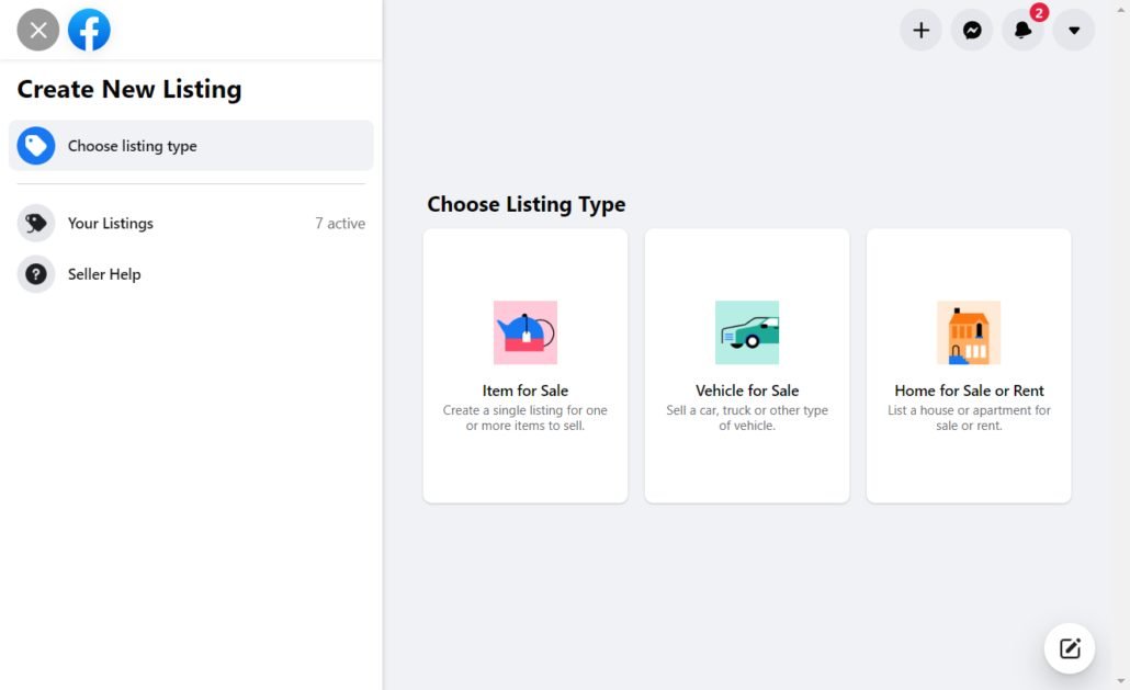 Facebook Marketplace Elija el tipo de listado