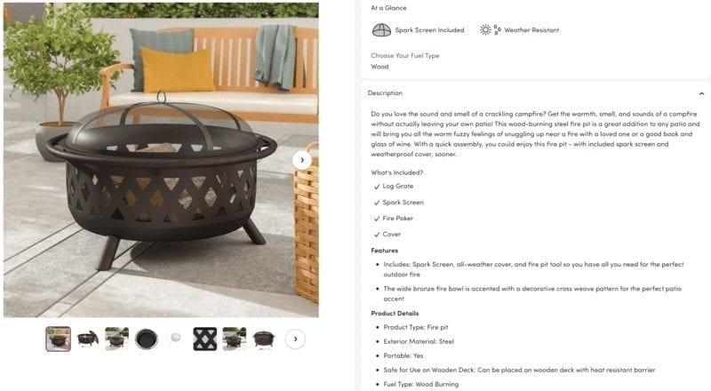 Captura de pantalla de la descripción del producto de Wayfair de un pozo de fuego.