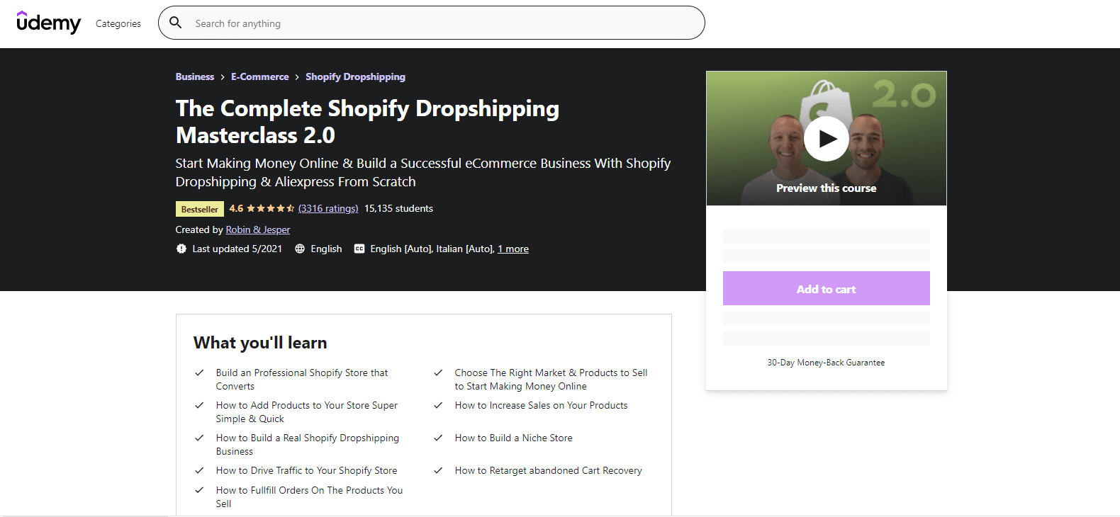 Terminez la classe de maître Shopify Dropshipping