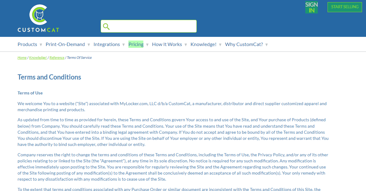 Página de términos de servicio de CustomCat 2024