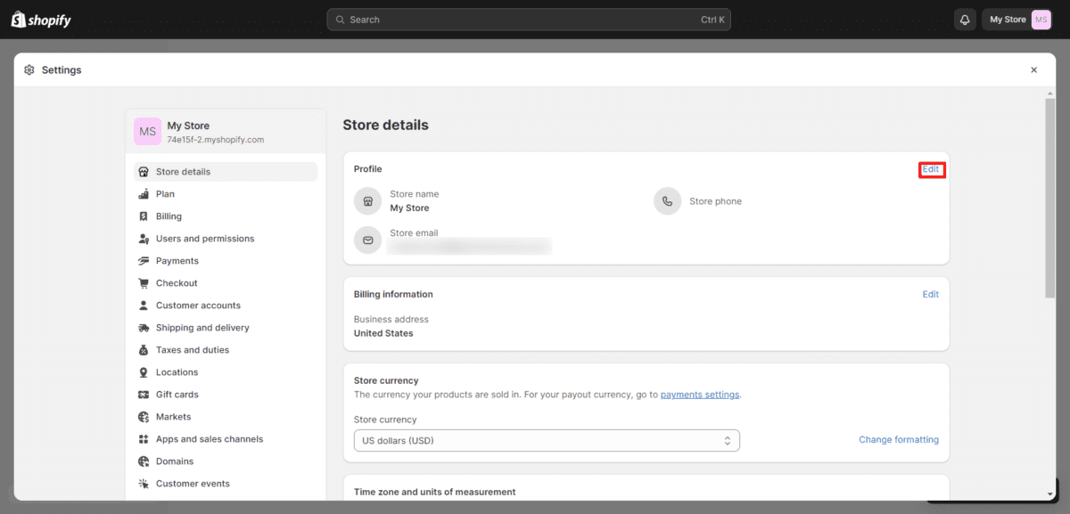 Shopify Dashboard Edit Profile