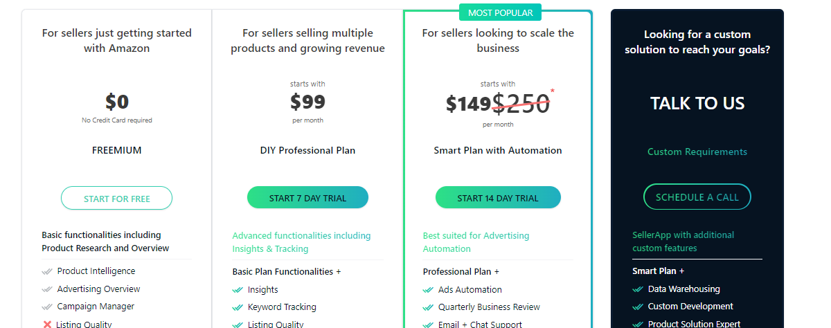 SellerApp Pricing Page 2024