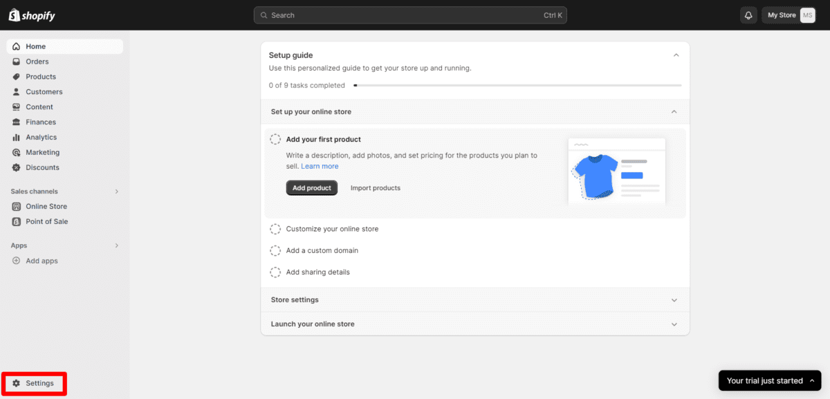 Shopify Dashboard Settings