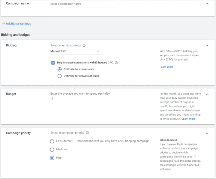 Configuración de la campaña de compras