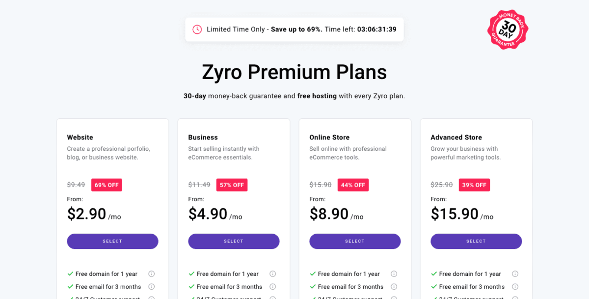 Zyro Pricing Plans